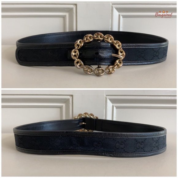 Authentic Gucci Black Monogram Canvas Leather Gold Chain Buckle Belt Size 85/34 - Picture 5 of 13